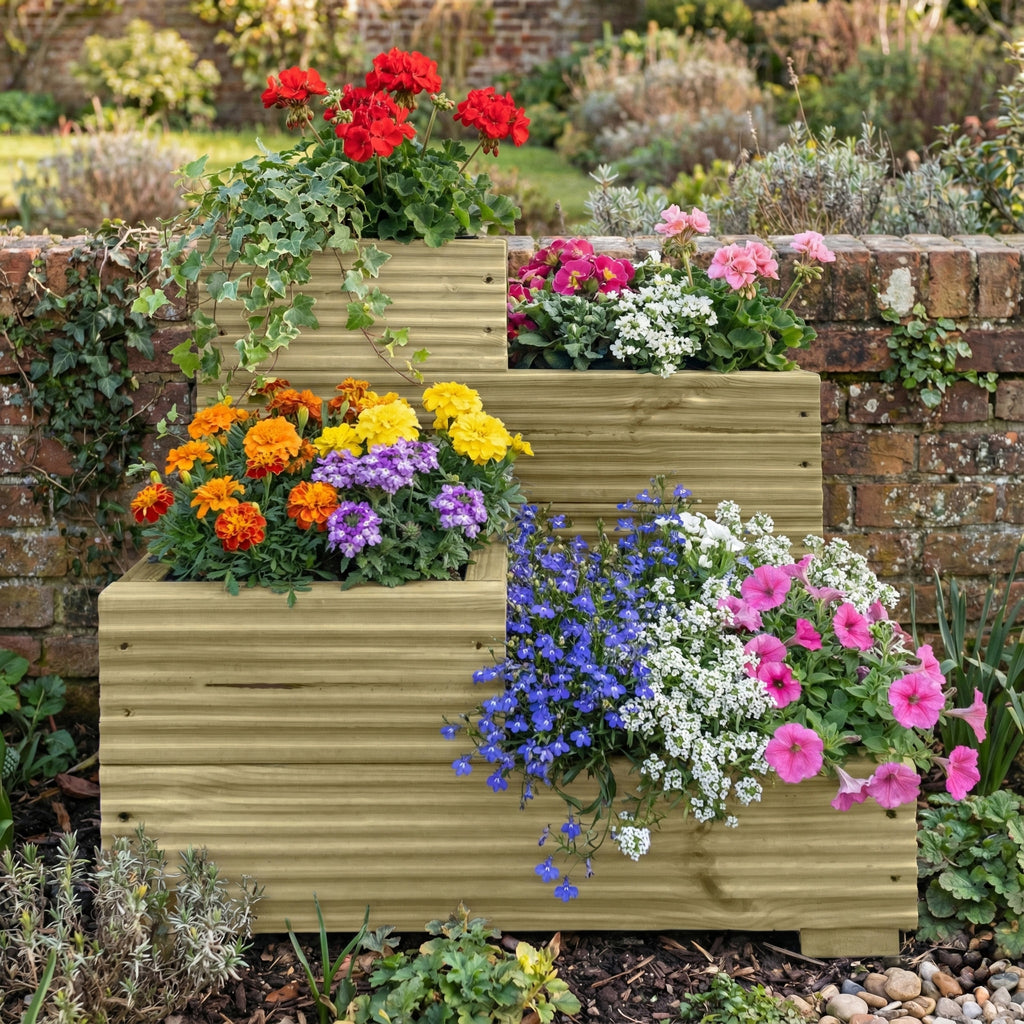 Lifestyle image of 4-tier planter installed in garden 