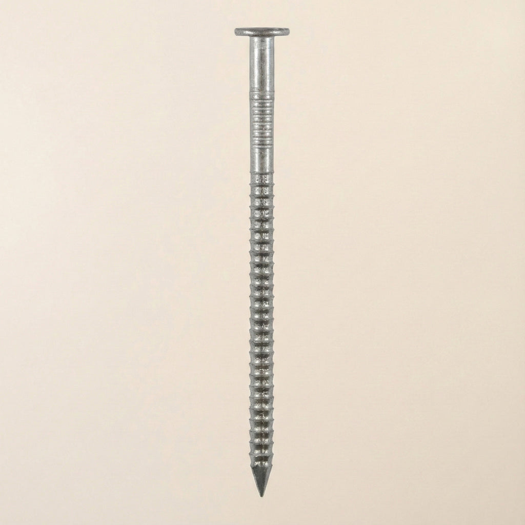 Close-up of A2 stainless steel annular ring nails available in three sizes (30x2.36mm, 40x2.65mm, and 50x3.35mm), displaying the distinctive ring pattern that provides superior holding power in timber