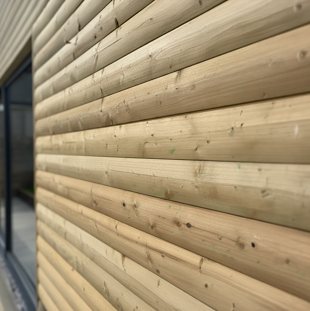 Lifestyle image of pressure treated redwood loglap 