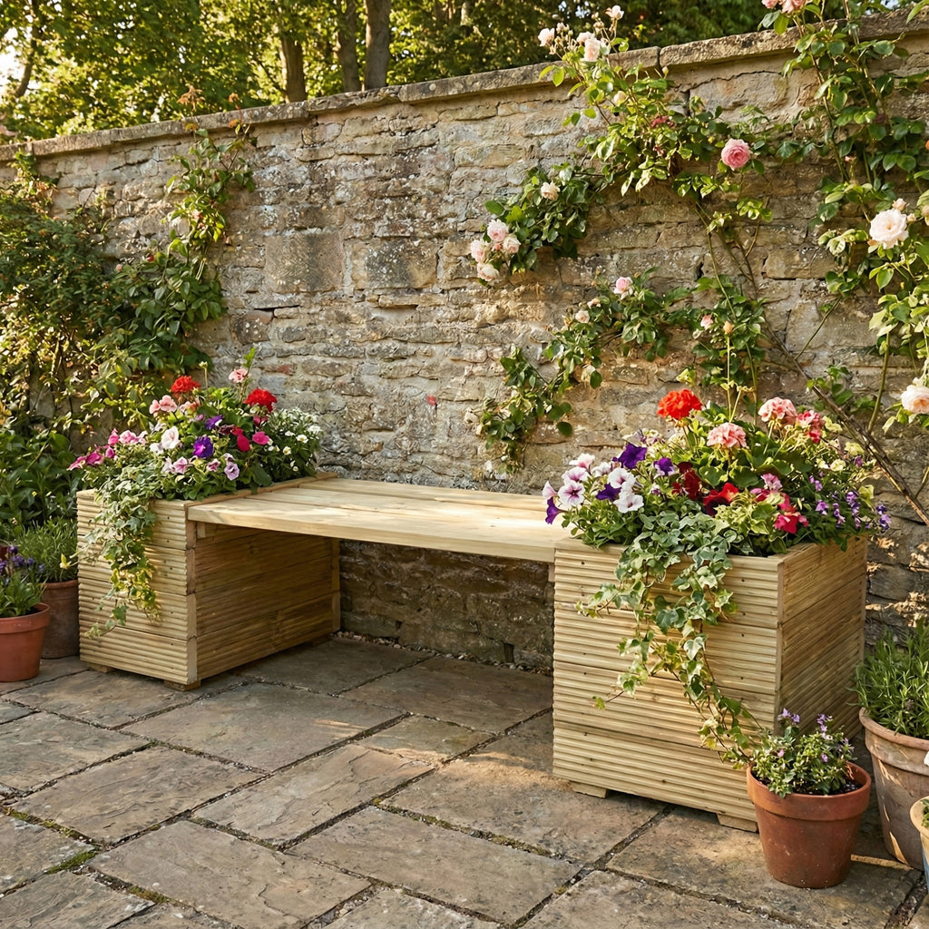 Lifestyle image of planter and bench combo installed in a garden setting