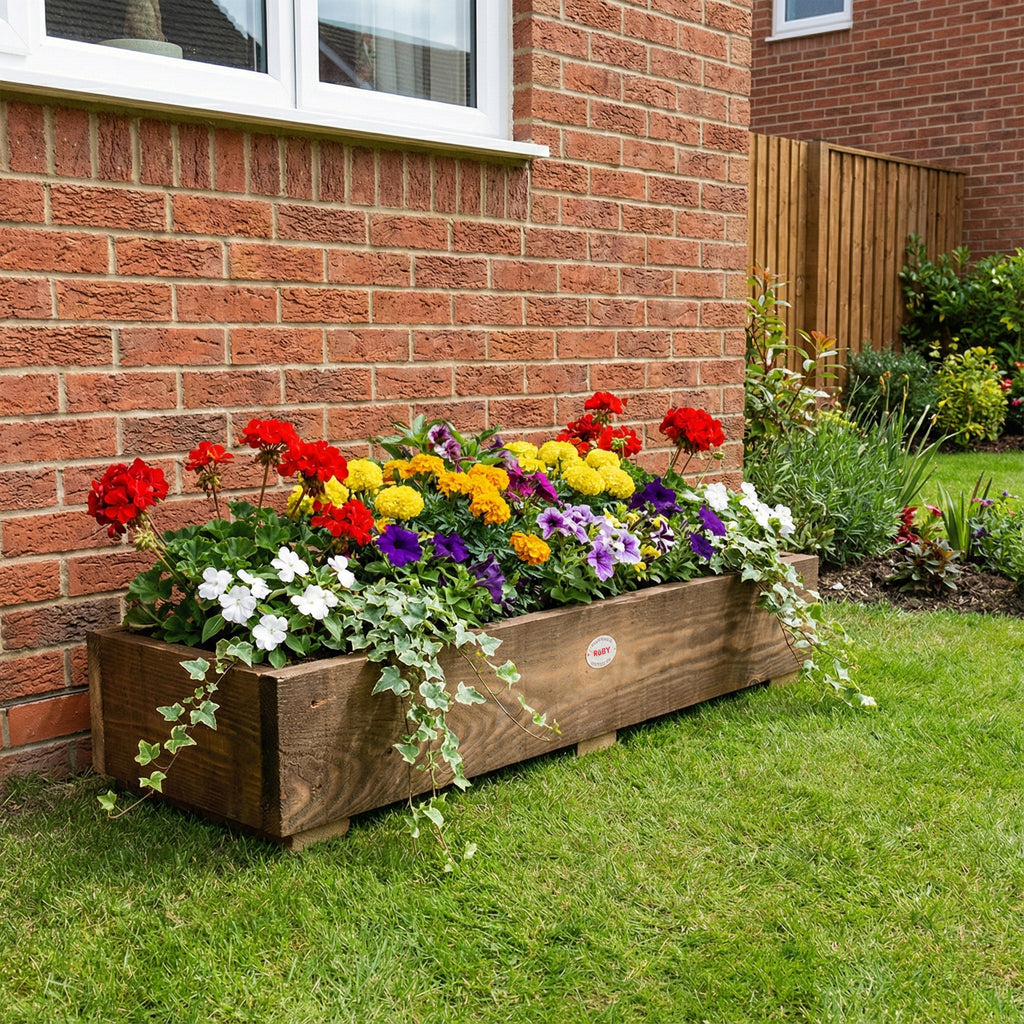 Handmade Rustic Wooden Planter (Sawn Timber) installed in a garden setting 