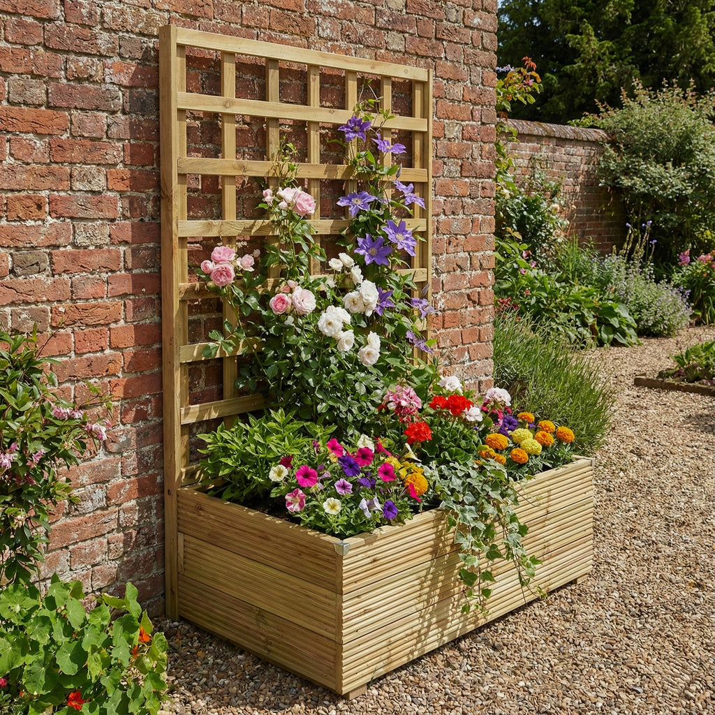 Lifestyle picture of planter and trellis installed in a garden setting 