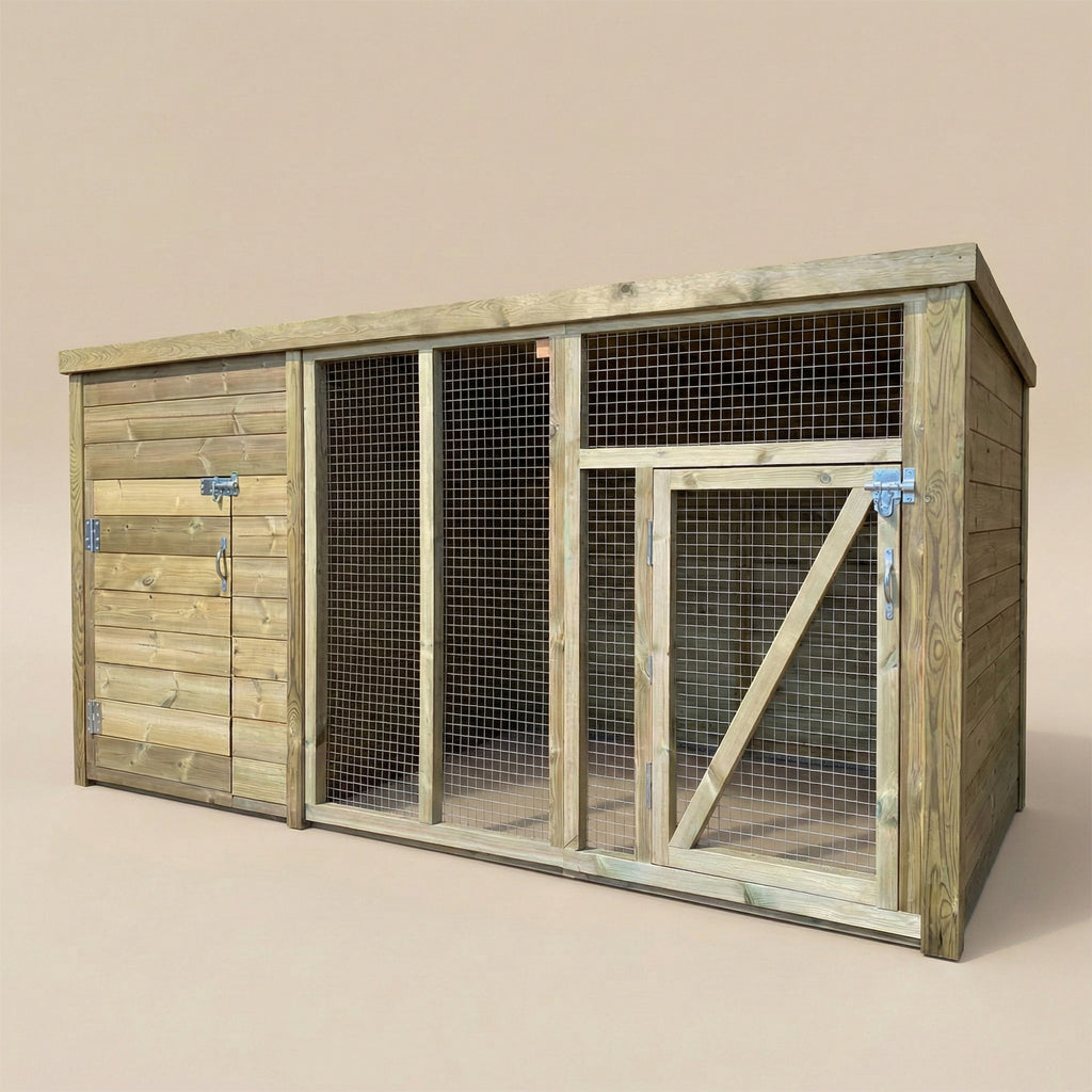 Timber dog kennel with door and metal cage