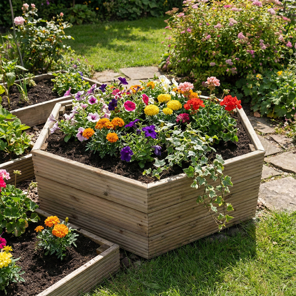 Lifestyle shot of hexagonal planter installed in a garden setting 