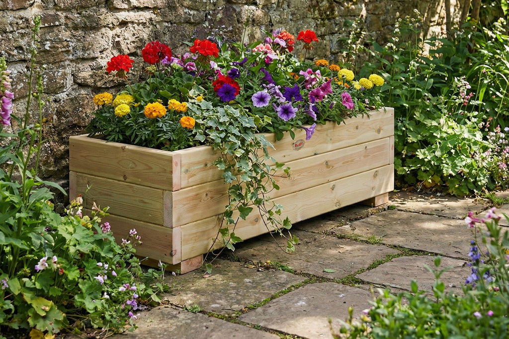 Lifestyle shot of planter installed in a garden setting 