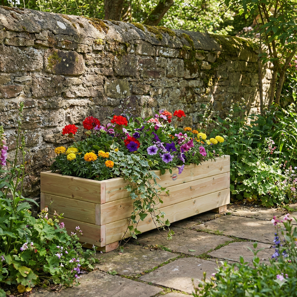 Lifestyle image of planter installed in a garden 