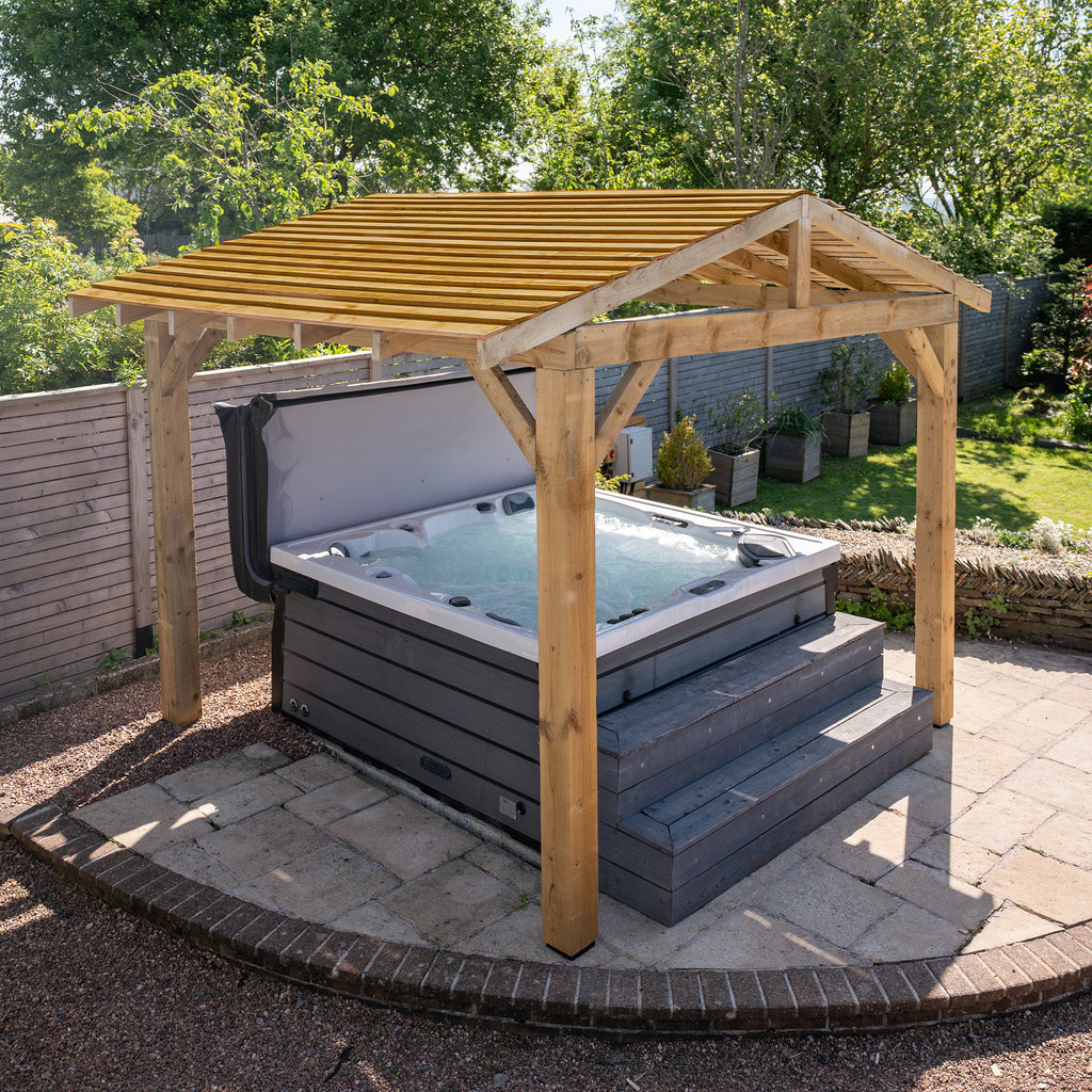 Aerial view of Wooden Gazebo with Cedar Featheredge Roof featuring apex design without overhang, showing complete structure from above