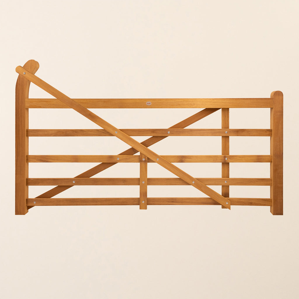 Hardwood Iroko Exbourne Gate with distinctive curved heel design, shown in full front view displaying rich wood grain
