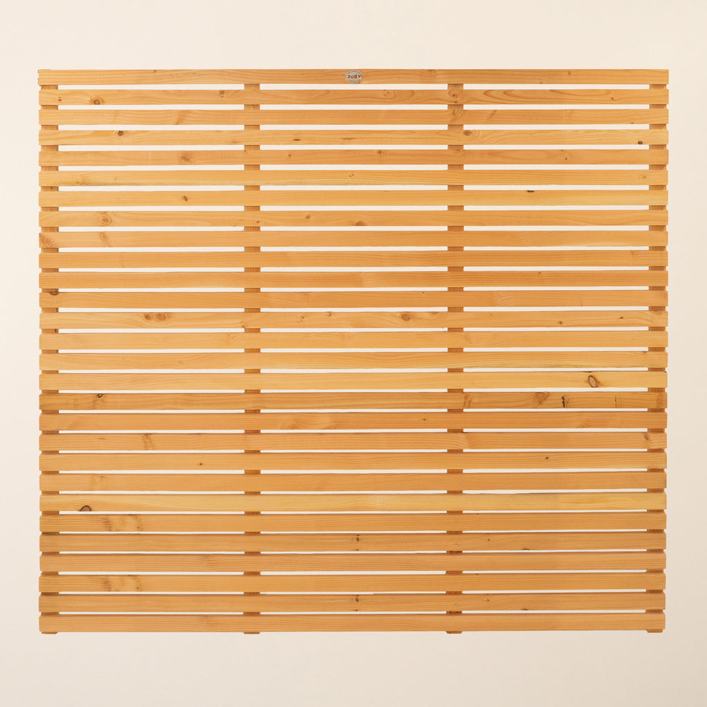Front view of Larch Slatted Fence Panel with horizontal design showing evenly spaced slats and natural wood finish