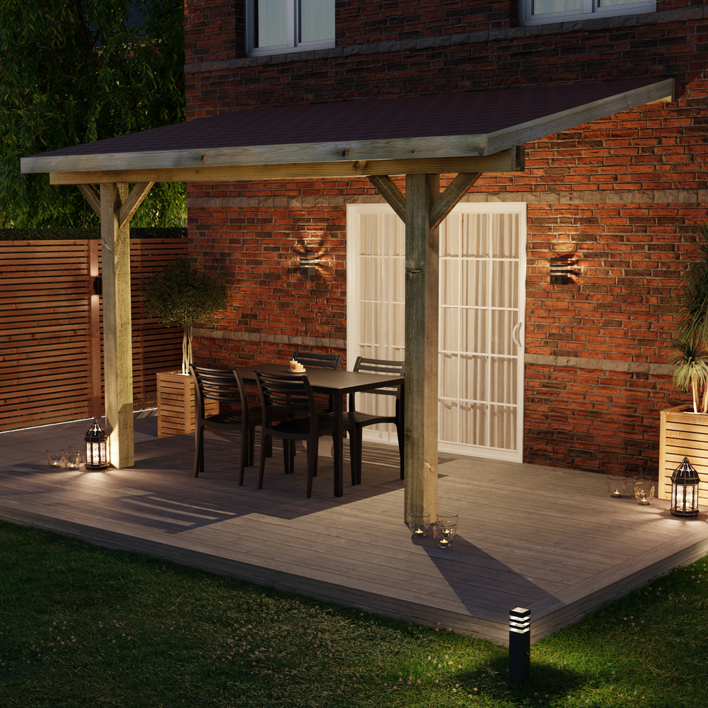 Wooden Gazebo - Katepal Red Shingle Roof - Lean-To Design night