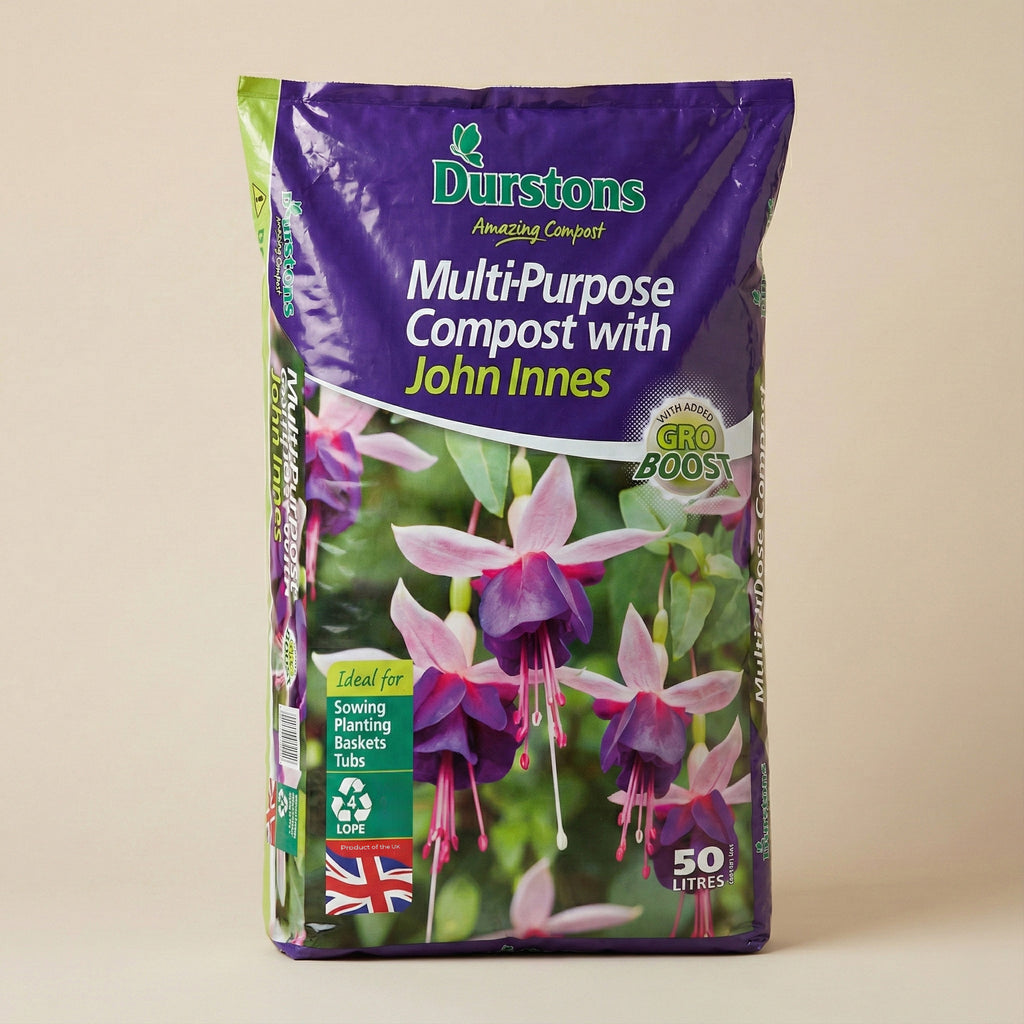 50-liter bag of multi-purpose compost with green packaging, suitable for various gardening applications including planters of different sizes, providing essential nutrients and structure for healthy plant growth 
