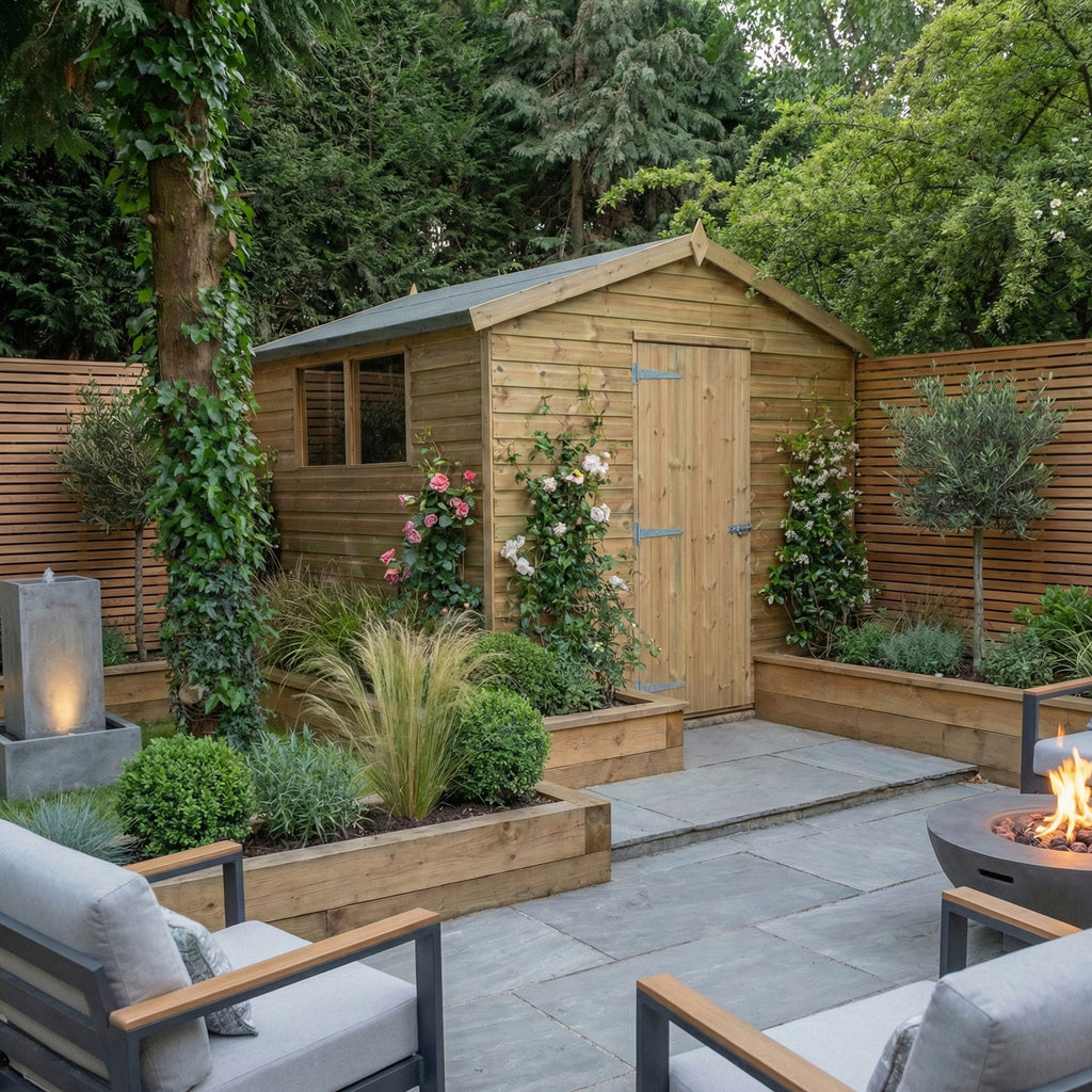 Lifestyle shot of Premium Apex Shed in garden 