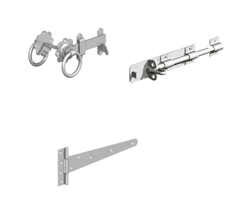 Side Gate Ironwork Bundle, Pair of 24" Strong Tee Hinges, Ring Latch and Brenton Bolt