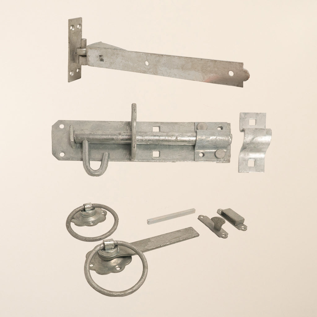Complete Side Gate Ironwork Bundle featuring one pair of 14-inch galvanised hinges, latch mechanism, and mounting hardware designed specifically for mortise and tenon garden gates