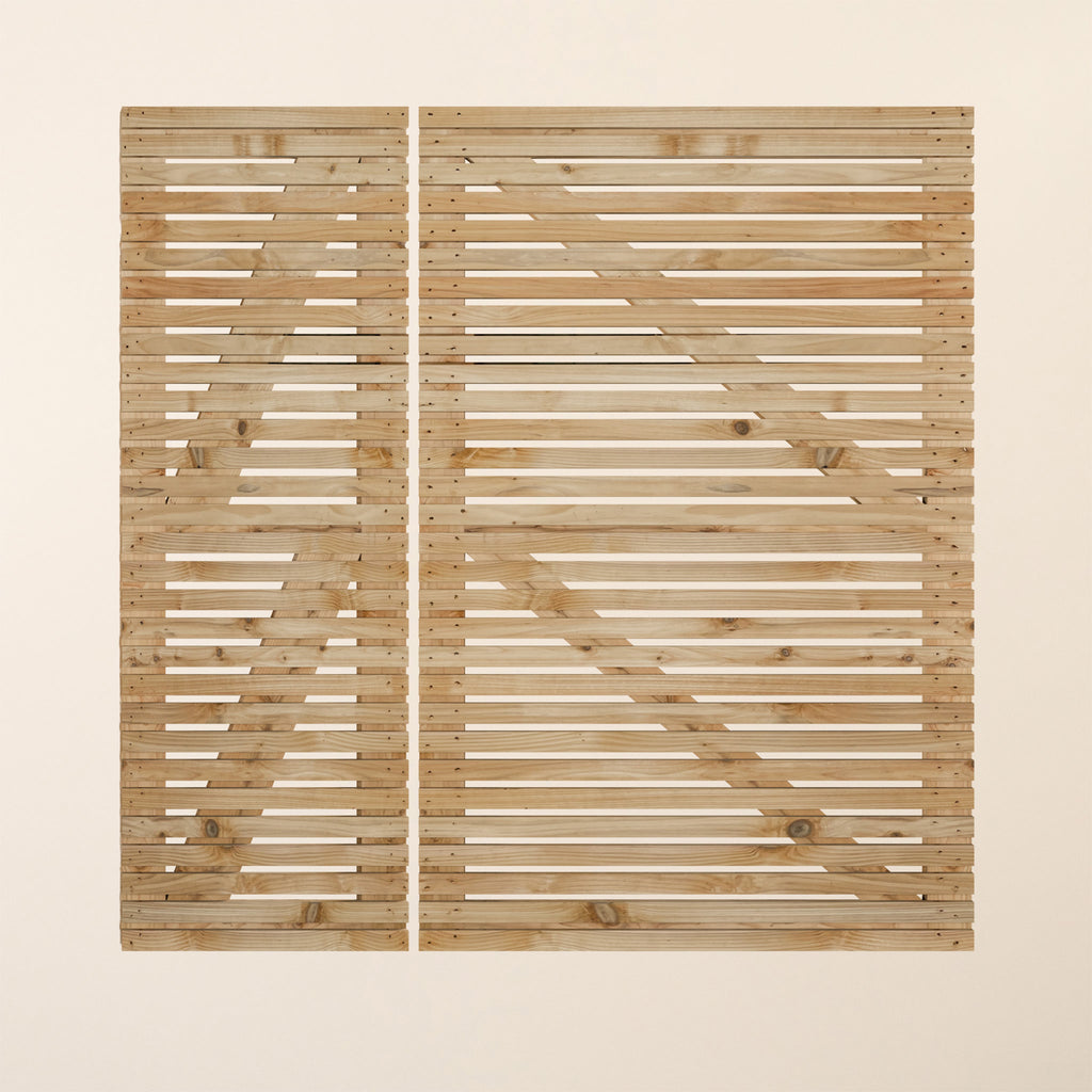 Front view of Cedar Slatted Gates 3/4 1/4 showing the asymmetrical design with 75% and 25% split between the two gate leaves, featuring horizontal cedar slats with 16mm gaps, crafted from premium British Cedar with a smooth planed finish