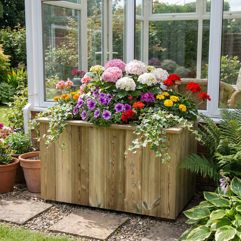 Lifestyle image of planter installed in garden setting 