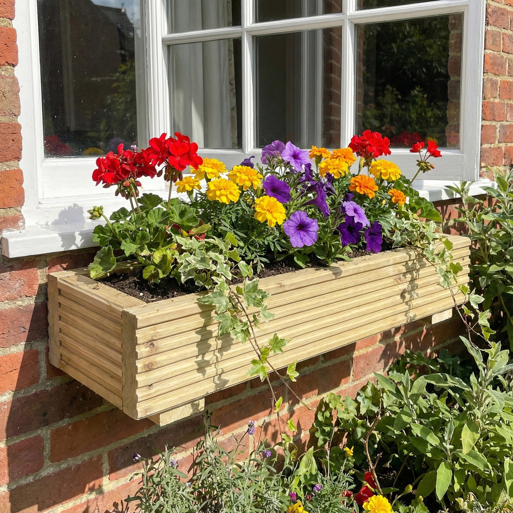 Lifestyle image of a window planter installed outside a window 