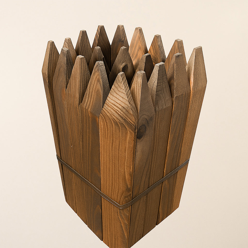 Wooden site pegs with pointed ends, 50mm square and 0.6m long, showing green pressure treatment for ground installation 