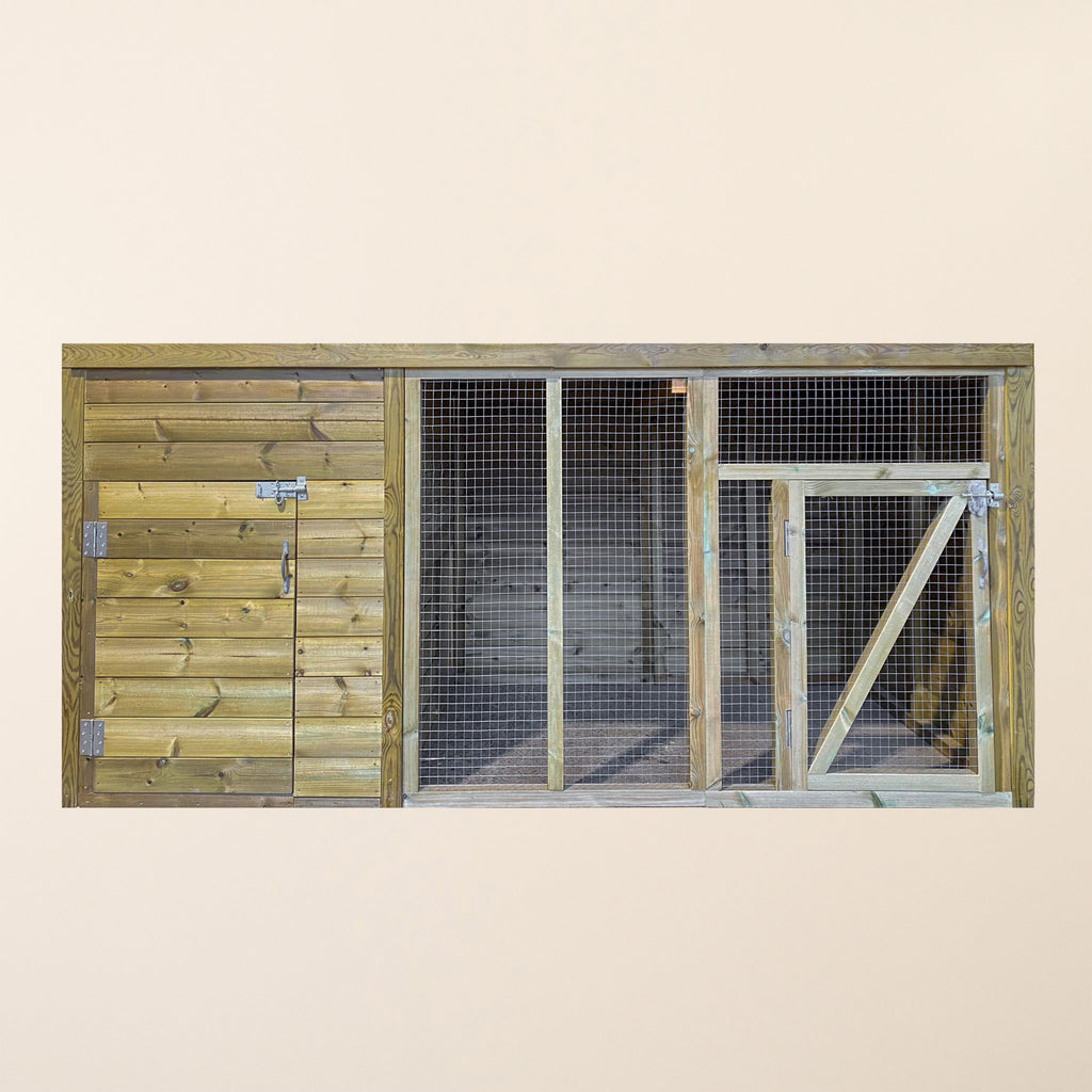 Timber dog kennel with door and metal cage