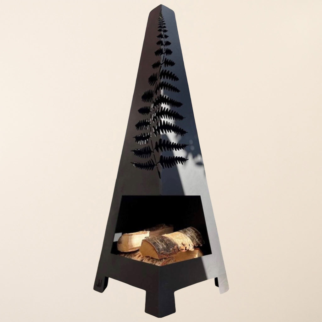 Matte black garden chiminea with fern cut out design