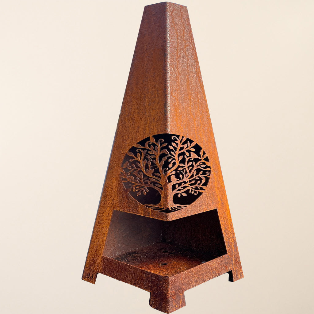 Rustic patina garden chiminea with tree cut out design