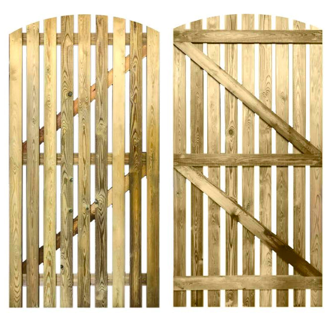 Handmade 6 foot Curved Top Picket Gate, image shows front and back