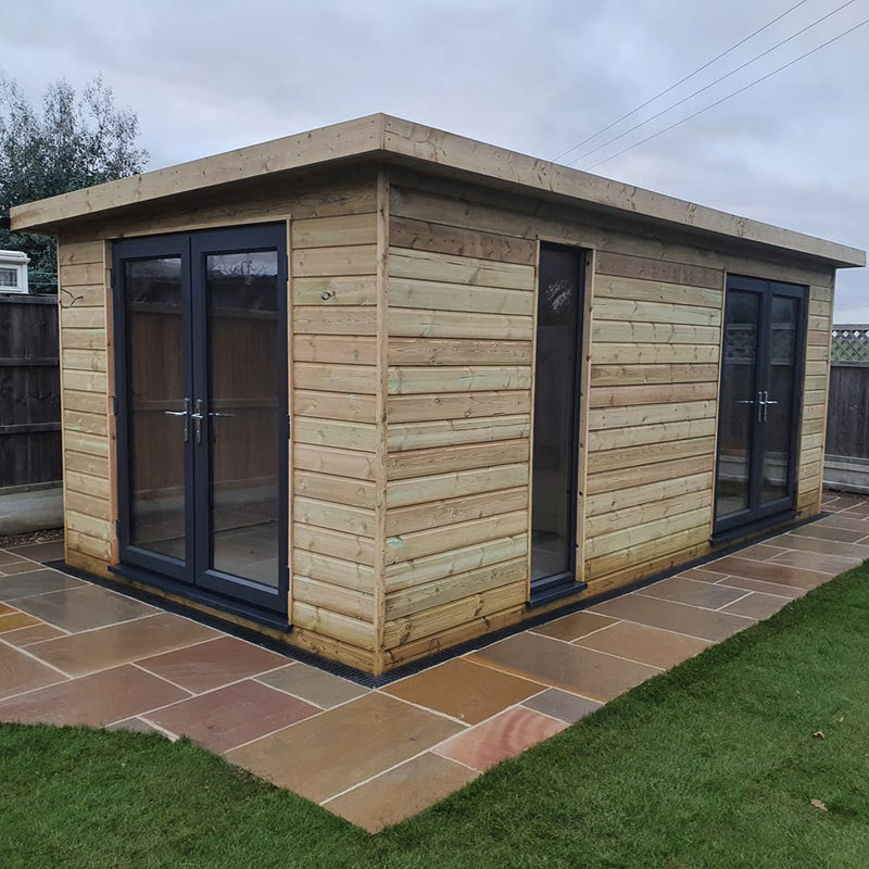 Treated timber redwood shiplap cladding cabin/garden room