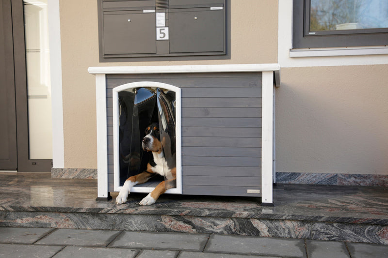 Kerbl dog kennel in grey with a dog and plastic door