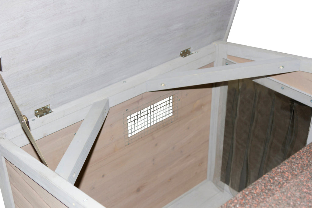 Inside of Kerbl dog kennel with a glass front with opened roof