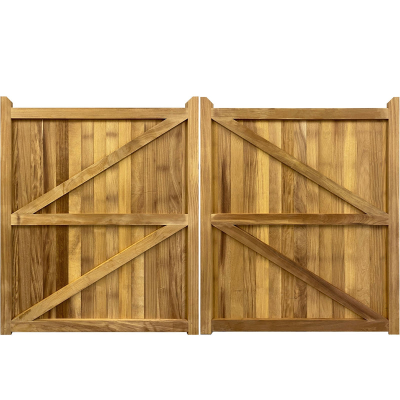 Iroko timber Highampton style mortise and tenon pair of entrance gates from behind