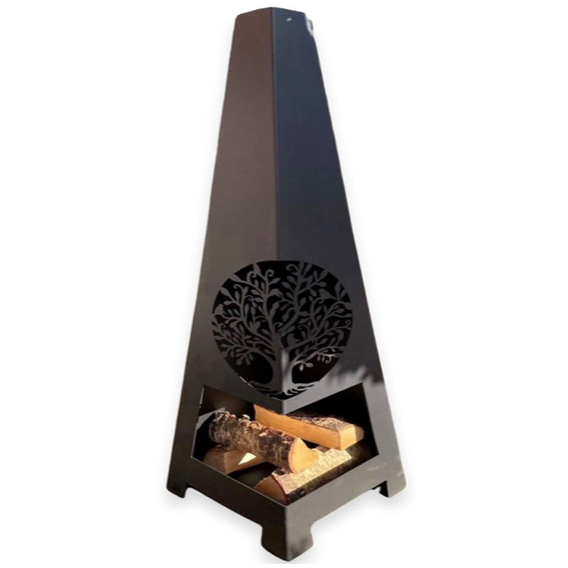 Matte black garden chiminea with tree cut out design