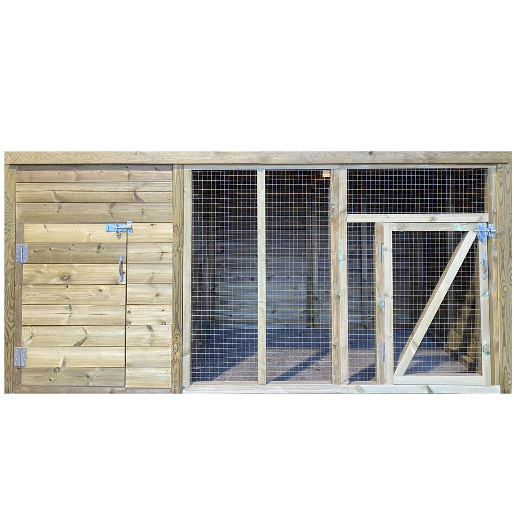 Timber dog kennel with door and metal cage