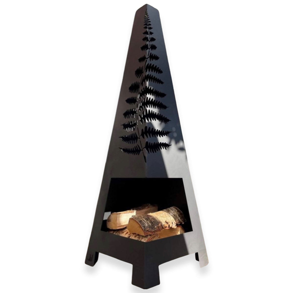 Matte black garden chiminea with fern cut out design