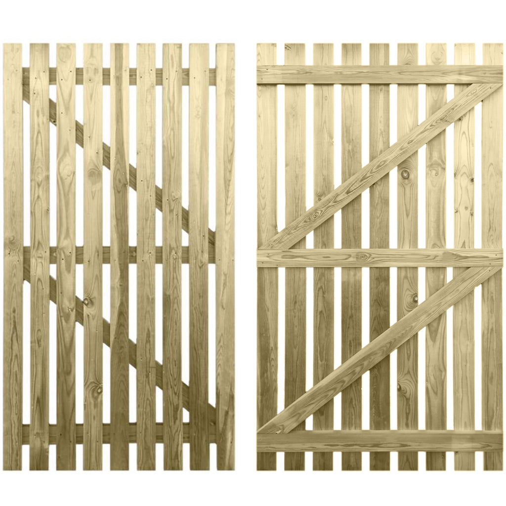 Pressure Treated 6 foot Picket Gate with flat top, image shows front and back of gate