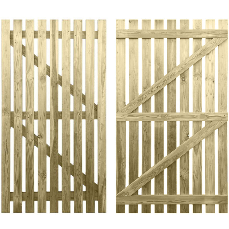 Pressure Treated 6 foot Picket Gate with flat top, image shows front and back of gate