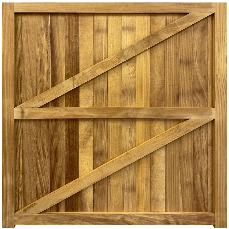 Iroko timber Croyde style mortise and tenon single entrance gate from behind