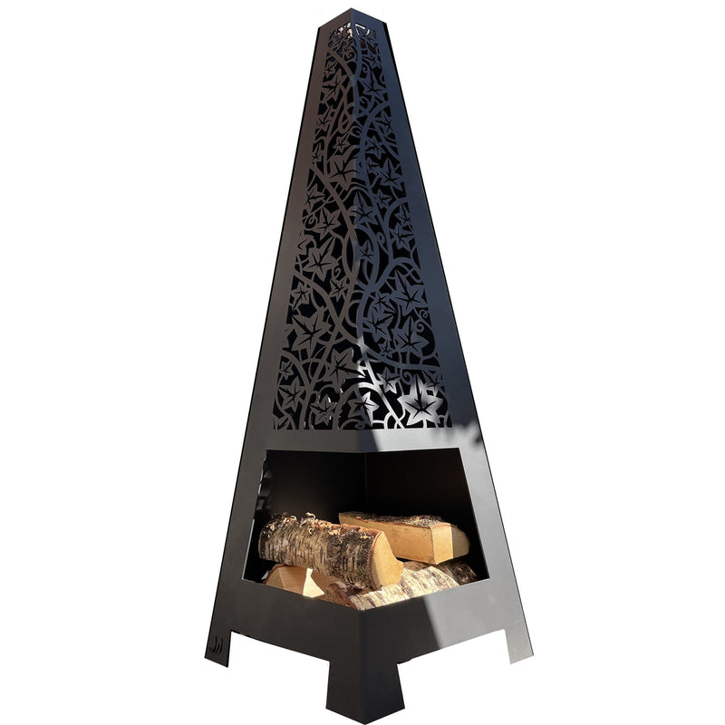 Matte black garden chiminea with ivy cut out design
