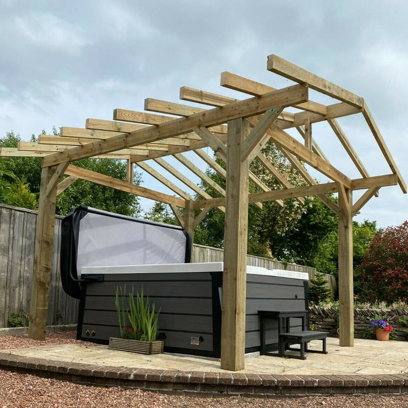 Premium Pressure Treated timber Pergola Frame surrounding a hot tub