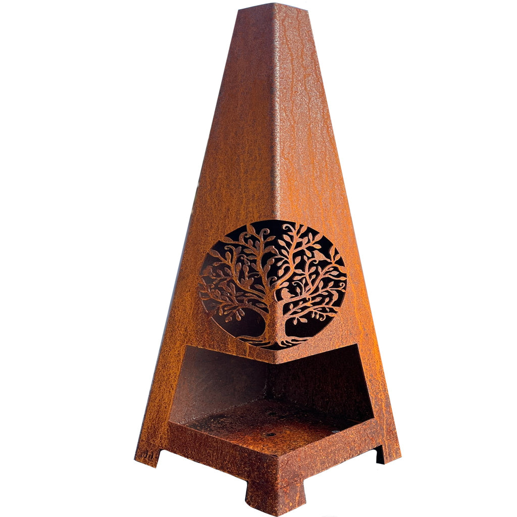 Rustic patina garden chiminea with tree cut out design