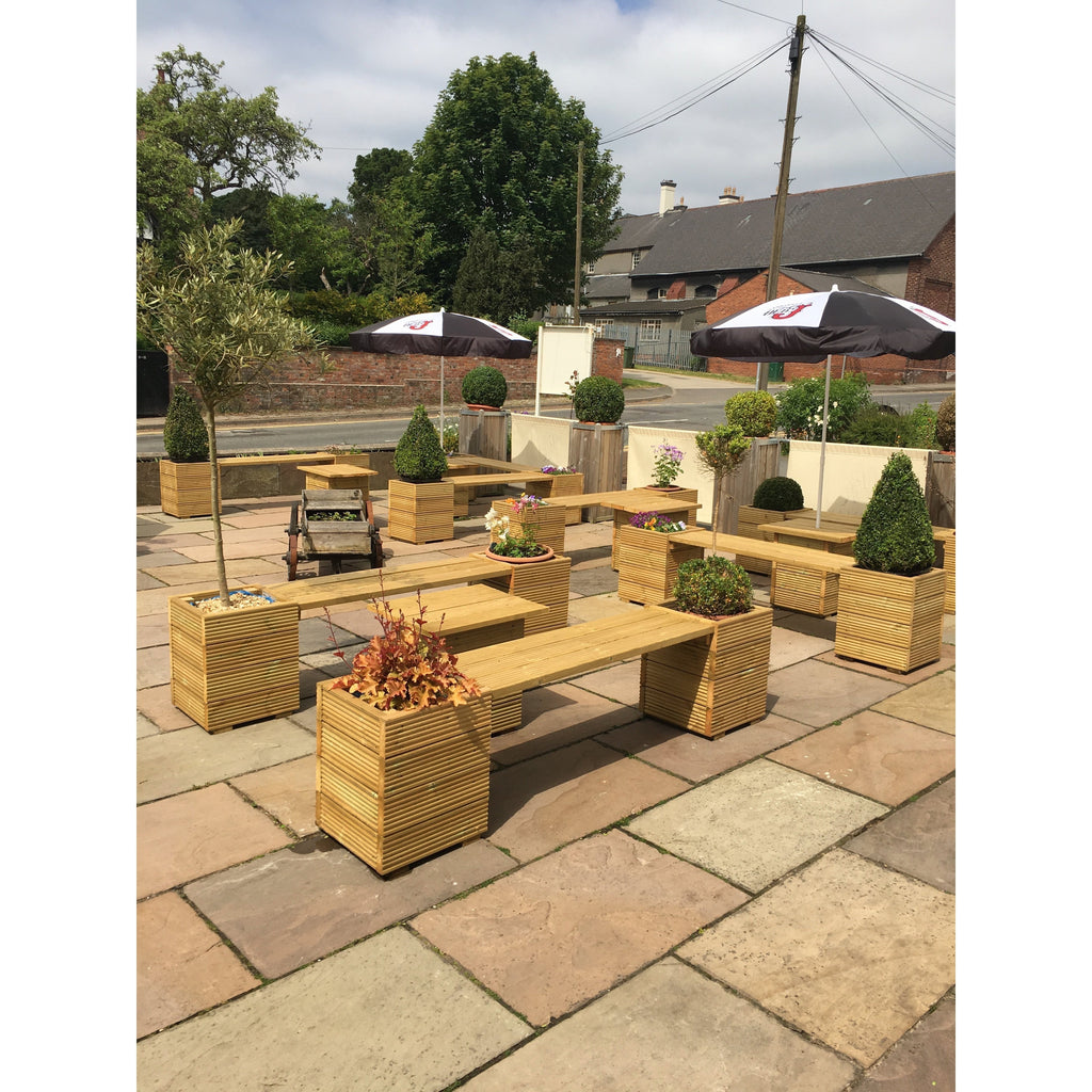 Large Square Decking Wooden Garden Planter Bench Combination shown in a pub garden