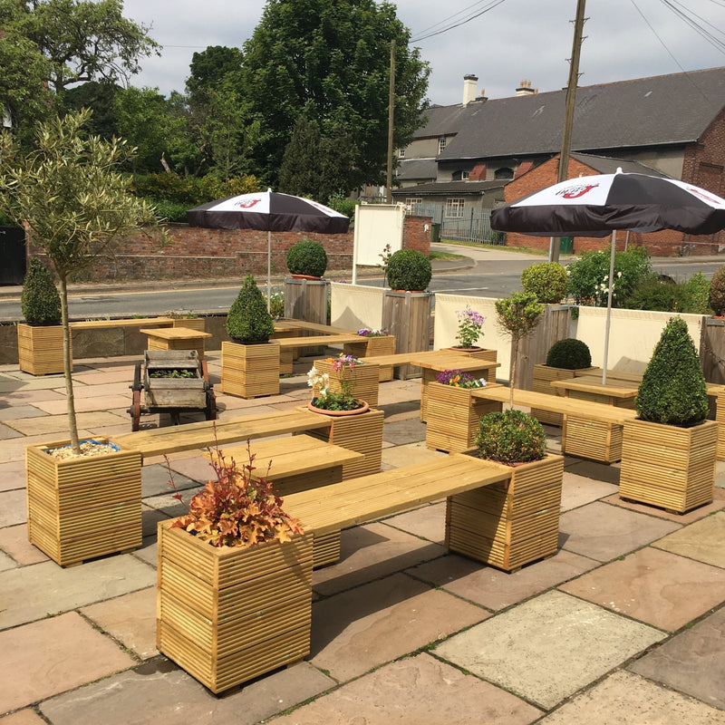 Large Square Decking Wooden Garden Planter Bench Combination shown in a pub garden